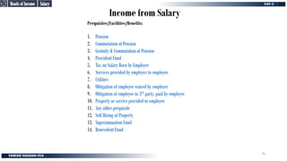 Income from Salary
Perquisites/Facilities/Benefits:
1. Pension
2. Commutation of Pension
3. Gratuity & Commutation of Pension
4. Provident Fund
5. Tax on Salary Born by Employer
6. Services provided by employer to employee
7. Utilities
8. Obligation of employee waived by employer
9. Obligation of employee to 3rd party, paid by employer
10. Property or service provided to employee
11. Any other perquisite
12. Self Hiring of Property
13. Superannuation Fund
14. Benevolent Fund
Salary
Salary
Heads of Income
Heads of Income
76
 