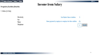 Income from Salary
Perquisites/Facilities/Benefits:
7. Utilities [S-13(6)]
Electricity
Gas
Water
Telephone
Less: payment by employee to employer for these utilities
Fair Market Value of utilities X
(X)
X Taxable
Perks
Perks
Salary
Salary
Heads of Income
Heads of Income
87
 