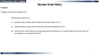 Income from Salary
Exemptions:
2. Diplomatic & United Nations Exemptions [S-42]
Following shall be exempt from tax:
(i) Individuals entitled to privileges under the Diplomatic and Consular Privileges Act, 1972
(ii) Individuals entitled to privileges under the United Nations (Privileges and Immunities) Act, 1948
(iii) Pension received by citizen of Pakistan due to former employment in the United Nations or its specialized agencies, if the person’s salary from
such employment was exempt under this Ordinance
Salary
Salary
Heads of Income
Heads of Income
Exemptions
Exemptions
95
 