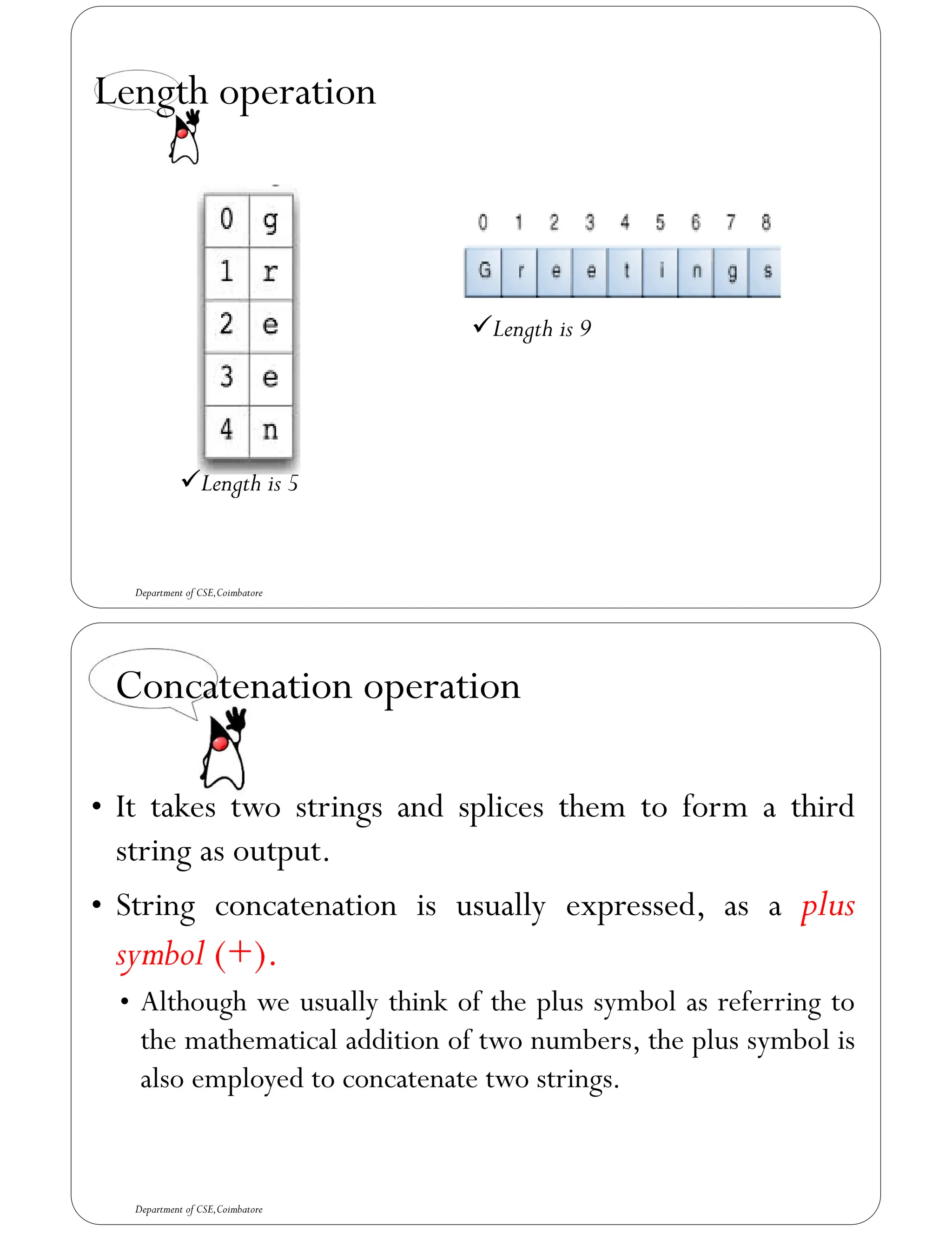 Length operation
Department of CSE,Coimbatore
✓Length is 5
✓Length is 9
Concatenation operation
• It takes two strings and splices them to form a third
string as output.
• String concatenation is usually expressed, as a plus
symbol (+).
• Although we usually think of the plus symbol as referring to
the mathematical addition of two numbers, the plus symbol is
also employed to concatenate two strings.
Department of CSE,Coimbatore
 