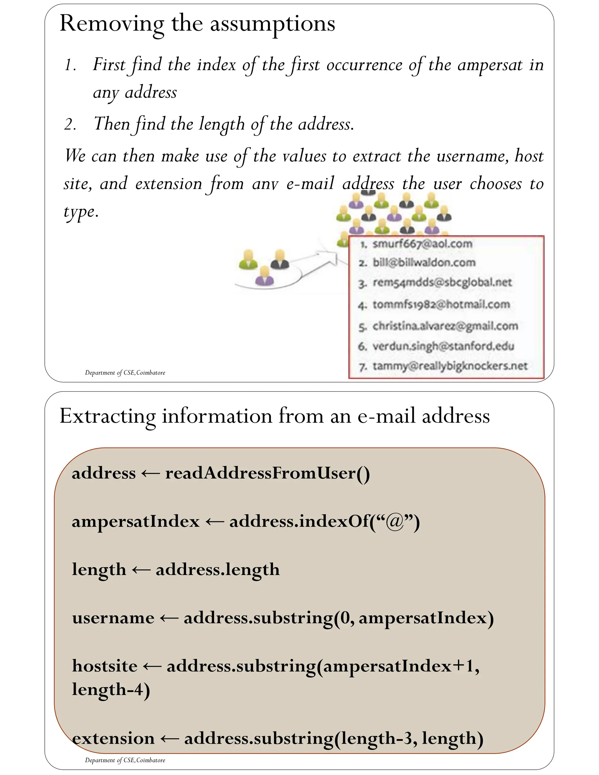 1. First find the index of the first occurrence of the ampersat in
any address
2. Then find the length of the address.
We can then make use of the values to extract the username, host
site, and extension from any e-mail address the user chooses to
type.
Department of CSE,Coimbatore
Removing the assumptions
Extracting information from an e-mail address
Department of CSE,Coimbatore
address ← readAddressFromUser()
ampersatIndex ← address.indexOf(“@”)
length ← address.length
username ← address.substring(0, ampersatIndex)
hostsite ← address.substring(ampersatIndex+1,
length-4)
extension ← address.substring(length-3, length)
 
