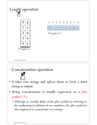 Length operation
Department of CSE,Coimbatore
✓Length is 5
✓Length is 9
Concatenation operation
• It takes two strings and splices them to form a third
string as output.
• String concatenation is usually expressed, as a plus
symbol (+).
• Although we usually think of the plus symbol as referring to
the mathematical addition of two numbers, the plus symbol is
also employed to concatenate two strings.
Department of CSE,Coimbatore
 