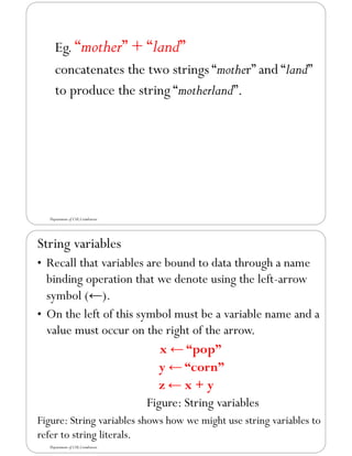 Eg. “mother” + “land”
concatenates the two strings “mother” and “land”
to produce the string “motherland”.
Department of CSE,Coimbatore
String variables
• Recall that variables are bound to data through a name
binding operation that we denote using the left-arrow
symbol (←).
• On the left of this symbol must be a variable name and a
value must occur on the right of the arrow.
x ← “pop”
y ← “corn”
z ← x + y
Figure: String variables
Figure: String variables shows how we might use string variables to
refer to string literals.
Department of CSE,Coimbatore
 