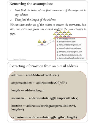1. First find the index of the first occurrence of the ampersat in
any address
2. Then find the length of the address.
We can then make use of the values to extract the username, host
site, and extension from any e-mail address the user chooses to
type.
Department of CSE,Coimbatore
Removing the assumptions
Extracting information from an e-mail address
Department of CSE,Coimbatore
address ← readAddressFromUser()
ampersatIndex ← address.indexOf(“@”)
length ← address.length
username ← address.substring(0, ampersatIndex)
hostsite ← address.substring(ampersatIndex+1,
length-4)
extension ← address.substring(length-3, length)
 