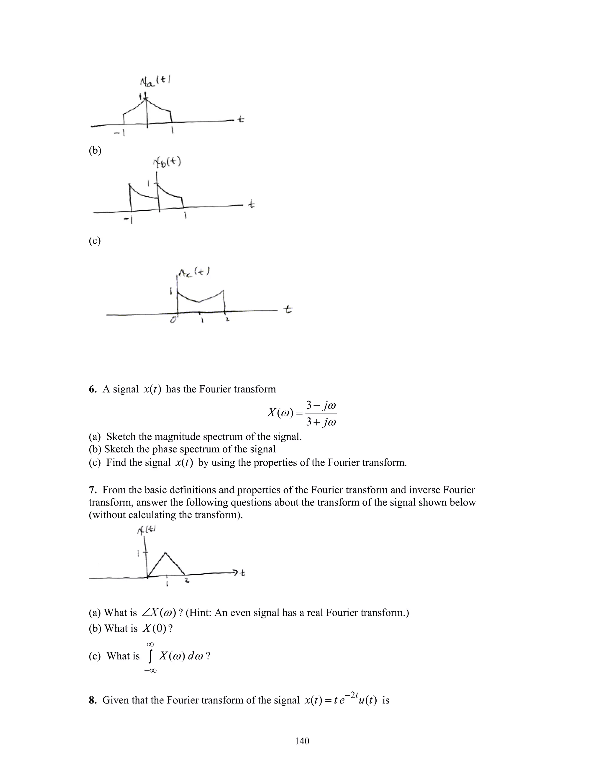 140
(b)
(c)
6. A signal ( )x t has the Fourier transform
3
( )
3
j
X
j
ω
ω
ω
−
=
+
(a) Sketch the magnitude spectrum of the signal.
(b) Sketch the phase spectrum of the signal
(c) Find the signal ( )x t by using the properties of the Fourier transform.
7. From the basic definitions and properties of the Fourier transform and inverse Fourier
transform, answer the following questions about the transform of the signal shown below
(without calculating the transform).
(a) What is ( )X ω∠ ? (Hint: An even signal has a real Fourier transform.)
(b) What is (0)X ?
(c) What is ( )X dω ω
∞
−∞
∫ ?
8. Given that the Fourier transform of the signal 2
( ) ( )t
x t t e u t−
= is
 