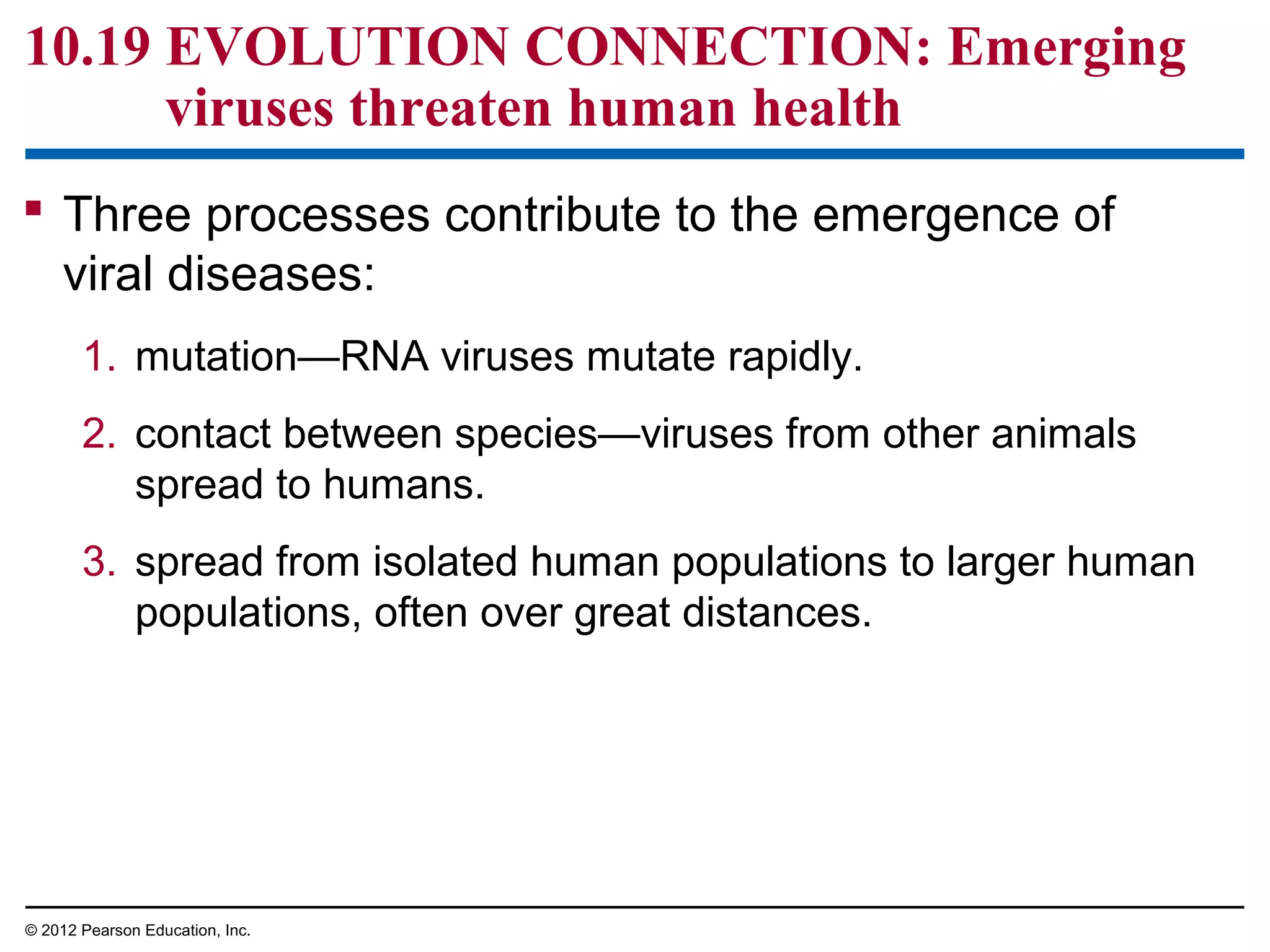 10.19 EVOLUTION CONNECTION: Emerging
viruses threaten human health
 Three processes contribute to the emergence of
viral diseases:
1. mutation—RNA viruses mutate rapidly.
2. contact between species—viruses from other animals
spread to humans.
3. spread from isolated human populations to larger human
populations, often over great distances.

© 2012 Pearson Education, Inc.

 