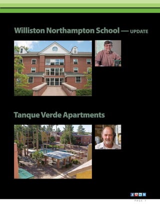 Williston Northampton School — UPDATE
Easthampton, MA

Jeff Tannatt, Director of
Physical Plant at Williston

Phase two of the retrofit included iWorx.
“iWorx is attractive due to the ability to
control all the buildings from anywhere
there is an internet connection. No 	
matter what kind of HVAC equipment
we install in the future, the iWorx 	
system will easily adapt to it.”
Phase one of the school retrofit featured installation of the Taco LoadMatch® System. Eliminating control valves realized “big savings”
for the school. “Long term, we hope to build additional geothermally heated and cooled dormitories” said Tannatt.

Tanque Verde Apartments
Tuscon, AZ

Mo Forrey, owner of Oracle
Control Systems, Inc. (OCSI).

“iWorx controls are easy to install and
require minimal programming. There
was virtually no learning curve when we
started using the product. We’ve been
looking for a controls platform just like it...
Not only is it a great product, but our rep
stands behind it entirely.”

	

PAG E

7

 