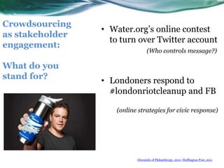 Water.org’s online contest to turn over Twitter account (Who controls message?)Londoners respond to #londonriotcleanup and FB (online strategies for civic response)Crowdsourcing as stakeholder engagement:What do you stand for?Chronicle of Philanthropy, 2011; Huffington Post, 2011