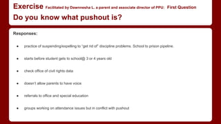 Exercise Facilitated by Dawnnesha L. a parent and associate director of PPU: First Question
Do you know what pushout is?
Responses:
● practice of suspending/expelling to “get rid of” discipline problems. School to prison pipeline.
● starts before student gets to school@ 3 or 4 years old
● check office of civil rights data
● doesn’t allow parents to have voice
● referrals to office and special education
● groups working on attendance issues but in conflict with pushout
 