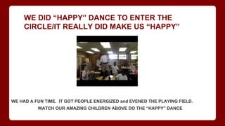 WE DID “HAPPY” DANCE TO ENTER THE
CIRCLE/IT REALLY DID MAKE US “HAPPY”
WE HAD A FUN TIME. IT GOT PEOPLE ENERGIZED and EVENED THE PLAYING FIELD.
WATCH OUR AMAZING CHILDREN ABOVE DO THE “HAPPY” DANCE
 