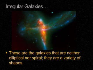 Irregular Galaxies…




 These are the galaxies that are neither
 elliptical nor spiral; they are a variety of
 shapes.
 