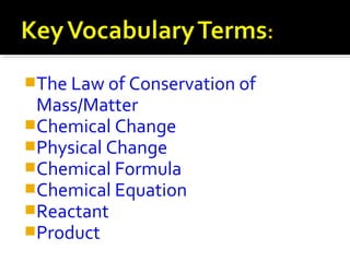 The Law of Conservation of
Mass/Matter
Chemical Change
Physical Change
Chemical Formula
Chemical Equation
Reactant
...