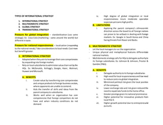 TYPES OF INTERNATIONAL STRATEGY
1. INTERNATIONAL STRATEGY
2. MULTIDOMESTIC STRATEGY
3. GLOBAL STRATEGY
4. TRANSNATIONAL STRATEGY
Pressure for global integration – standardization (use same
strategy). Ex: Coca-Cola (marketing - same around the world) but
differentintaste.
Pressure for national responsiveness – localization (responding
to the national needs).Take considerationstolocal needs.Costmore
but benefitgreater.
1. INTERNATIONAL STRATEGY
- Adoptedwhentheyaimtoleverage theircore competencies
by expandingintoforeignmarket.
- Relyonlocal subsidiariestoadministervaluechainsetbythe
HQs. Ex: McDonalds, Kellogg’s, Google, Haier, Walmart,
Huawei andMicrosoft.
A. BENEFITS
i. Create value by transferring core competencies
and unique productstoforeign businesssectors,
where opponentsare unable tocontend.
ii. Aids the transfer of skills and ideas from the
parentcompanyto subsidiaries.
iii. Works well when an organization has core
competencies that foreign competitors do not
have and when industry conditions do not
demand.
iv. High degree of global integration or local
responsiveness incurs moderate operation
expensesyetearnshighprofits.
B. LIMITATIONS
i. Applying the parent company’s ethnocentric
direction across the board to all foreign nations
can prove to be setback in dealing with foreign
markets. Ex: Google in South Korea and China
facingthreatsfromNaverand Baidu.
2. MULTIDOMESTIC STRATEGY
- Let the local managersto run the organization.
- Unique physical and metaphysical features differentiate
national markets.
- MultidomesticstrategycallsforHQstodelegate authorityto
its foreign subsidiaries. Ex: Johnson & Johnson, Procter &
Gamble (P&G).
A. BENEFITS
i. Delegate authoritytoitsforeignsubsidiaries
ii. Highneedforlocal responsivenessandlowneed
to reduce costsvia global integration.
iii. Minimized political risk given the local position
of the company.
iv. Lower exchange rate and risk givenreducedthe
needtorepatriate fundstothe home office.
v. Greaterprestige givenitsnational prominence.
vi. Higher potential for innovative products from
local R & D.
vii. Higher growth potential due to entrepreneurial
pursuits.
 