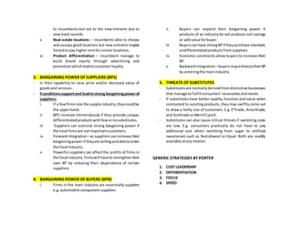 to incumbents but not to the new entrants due to
newtrack records.
v. Real-estate locations – incumbents able to choose
and occupy good locations but new entrants maybe
forcedto pay higherrentforsimilarlocations.
vi. Product differentiation – incumbent manage to
build brand equity through advertising and
promotionwhichleadtocustomerloyalty.
3. BARGAINING POWER OF SUPPLIERS (BPS)
- Is their capability to raise price and/or decrease value of
goodsand services.
- 4 conditionssupportand leadtostrong bargainingpowerof
suppliers:
i. If a fewfirmsrule the supplyindustry,theycouldbe
the upperhand.
ii. BPS increase tremendously if they provide unique,
differentiatedproductswithfewornosubstitutes.
iii. Suppliers can exercise strong bargaining power if
the local firmsare notimportantcustomers.
iv. Forwardintegration –as supplierscanincrease their
bargainingpowerif theyare willingandabletoenter
the focal industry.
v. Powerful suppliers can affect the profits of firms in
the focal industry.Firmswill havetostrengthentheir
own BP by reducing their dependence of certain
suppliers.
4. BARGAINING POWER OF BUYERS (BPB)
i. Firms in the main industry are essentially suppliers
e.g.automobile componentsuppliers.
ii. Buyers can expand their bargaining power if
products of an industrydo not produce cost savings
or add value forbuyer.
iii. Buyerscanhave strongBPif theypurchase standard,
undifferentiatedproductsfromsuppliers.
iv. Economic constraints allow buyers to increase their
BP.
v. Backwardintegration –buyersmayenhancetheirBP
by enteringthe mainindustry.
5. THREATS OF SUBSTITUTES
- Substitutesare normallyderivedfromdistinctive businesses
that manage to fulfillconsumers’necessitiesandneeds.
- If substitutes have better-quality,function and value when
contrasted to existing products, they may swiftly come out
to draw a hefty size of customers. E.g. E*trade, Ameritrade,
and Scottrade vsMerrill Lynch.
- Substitutes can also cause critical threats if switching costs
are low. E.g. consumers practically do not have to pay
additional cost when switching from sugar to artificial
sweeteners such as NutraSweet or Equal. Both are readily
available atanyretailer.
GENERIC STRATEGIES BY PORTER
1. COST LEADERSHIP
2. DIFFERENTIATION
3. FOCUS
4. SPEED
 
