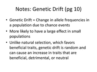 Notes: Genetic Drift (pg 10)
• Genetic Drift = Change in allele frequencies in
a population due to chance events
• More likely to have a large effect in small
populations
• Unlike natural selection, which favors
beneficial traits, genetic drift is random and
can cause an increase in traits that are
beneficial, detrimental, or neutral
 