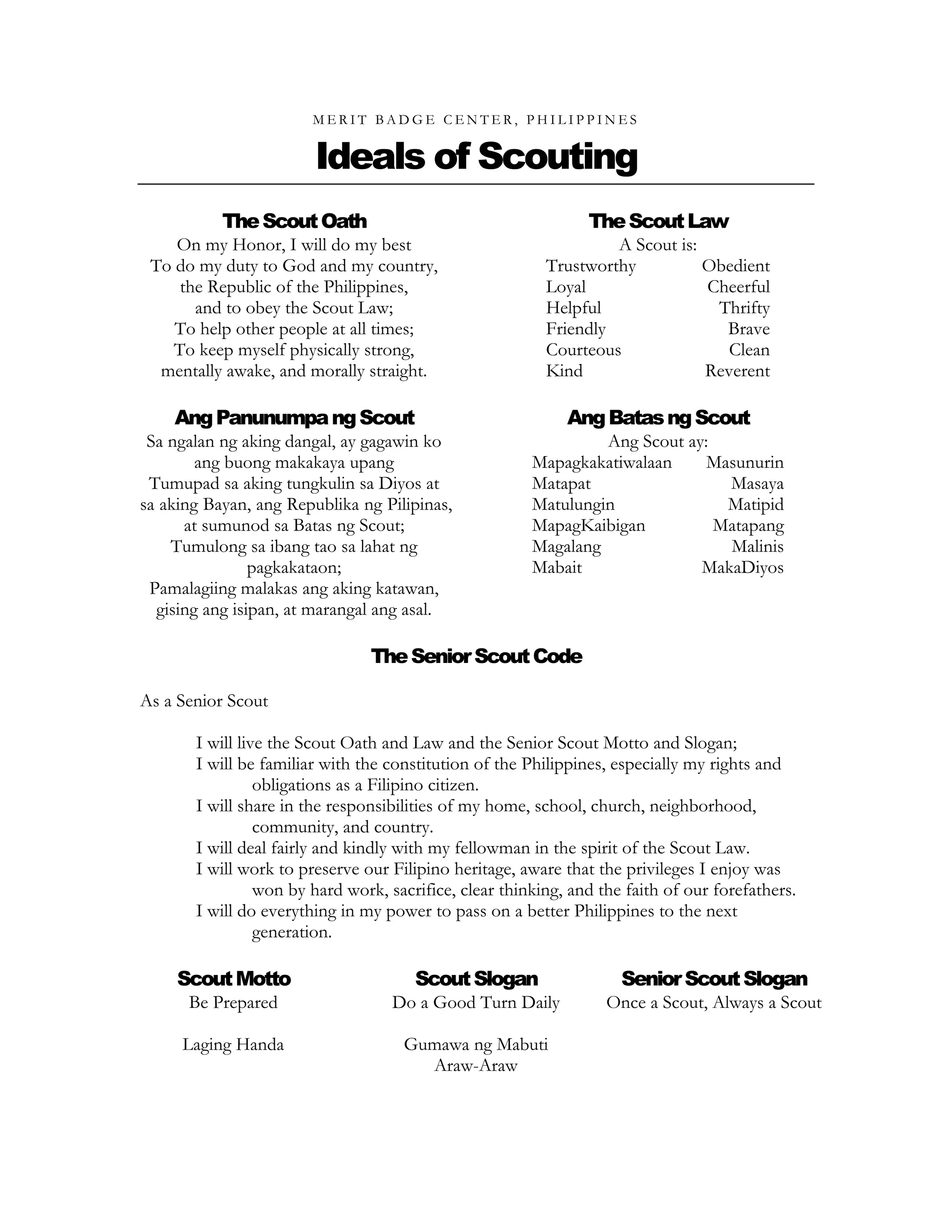 M E R I T B A D G E C E N T E R , P H I L I P P I N E S
Ideals of Scouting
TheScoutOath
On my Honor, I will do my best
To do my duty to God and my country,
the Republic of the Philippines,
and to obey the Scout Law;
To help other people at all times;
To keep myself physically strong,
mentally awake, and morally straight.
AngPanunumpangScout
Sa ngalan ng aking dangal, ay gagawin ko
ang buong makakaya upang
Tumupad sa aking tungkulin sa Diyos at
sa aking Bayan, ang Republika ng Pilipinas,
at sumunod sa Batas ng Scout;
Tumulong sa ibang tao sa lahat ng
pagkakataon;
Pamalagiing malakas ang aking katawan,
gising ang isipan, at marangal ang asal.
TheScoutLaw
A Scout is:
Trustworthy Obedient
Loyal Cheerful
Helpful Thrifty
Friendly Brave
Courteous Clean
Kind Reverent
AngBatasngScout
Ang Scout ay:
Mapagkakatiwalaan Masunurin
Matapat Masaya
Matulungin Matipid
MapagKaibigan Matapang
Magalang Malinis
Mabait MakaDiyos
TheSeniorScoutCode
As a Senior Scout
I will live the Scout Oath and Law and the Senior Scout Motto and Slogan;
I will be familiar with the constitution of the Philippines, especially my rights and
obligations as a Filipino citizen.
I will share in the responsibilities of my home, school, church, neighborhood,
community, and country.
I will deal fairly and kindly with my fellowman in the spirit of the Scout Law.
I will work to preserve our Filipino heritage, aware that the privileges I enjoy was
won by hard work, sacrifice, clear thinking, and the faith of our forefathers.
I will do everything in my power to pass on a better Philippines to the next
generation.
ScoutMotto
Be Prepared
Laging Handa
ScoutSlogan
Do a Good Turn Daily
Gumawa ng Mabuti
Araw-Araw
SeniorScoutSlogan
Once a Scout, Always a Scout
 