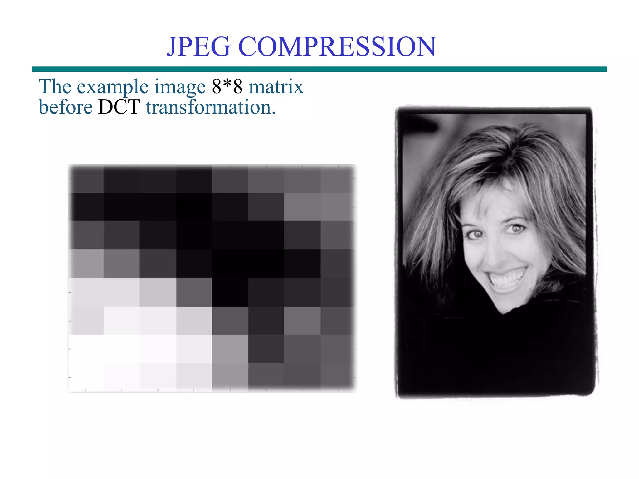 JPEG COMPRESSION The example image 8*8 matrix before DCT transformation. 