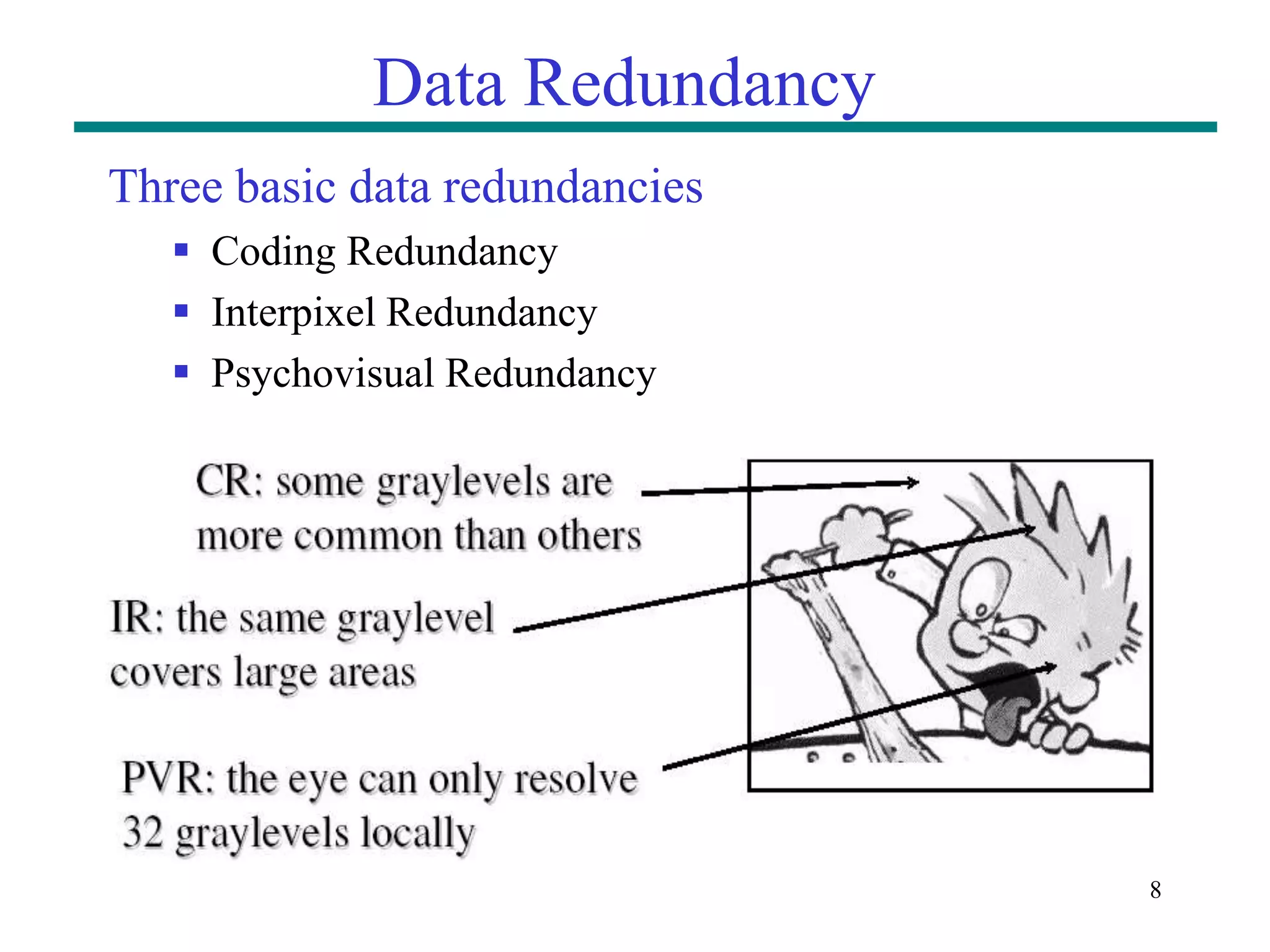 8 Data Redundancy Three basic data redundancies  Coding Redundancy  Interpixel Redundancy  Psychovisual Redundancy 