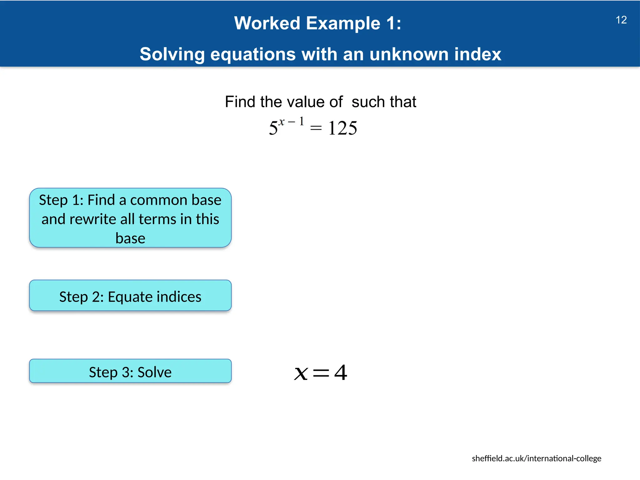 sheffield.ac.uk/international-college
Worked Example 1:
Solving equations with an unknown index
Find the value of such that
12
Step 1: Find a common base
and rewrite all terms in this
base
Step 2: Equate indices
Step 3: Solve 𝑥=4
 