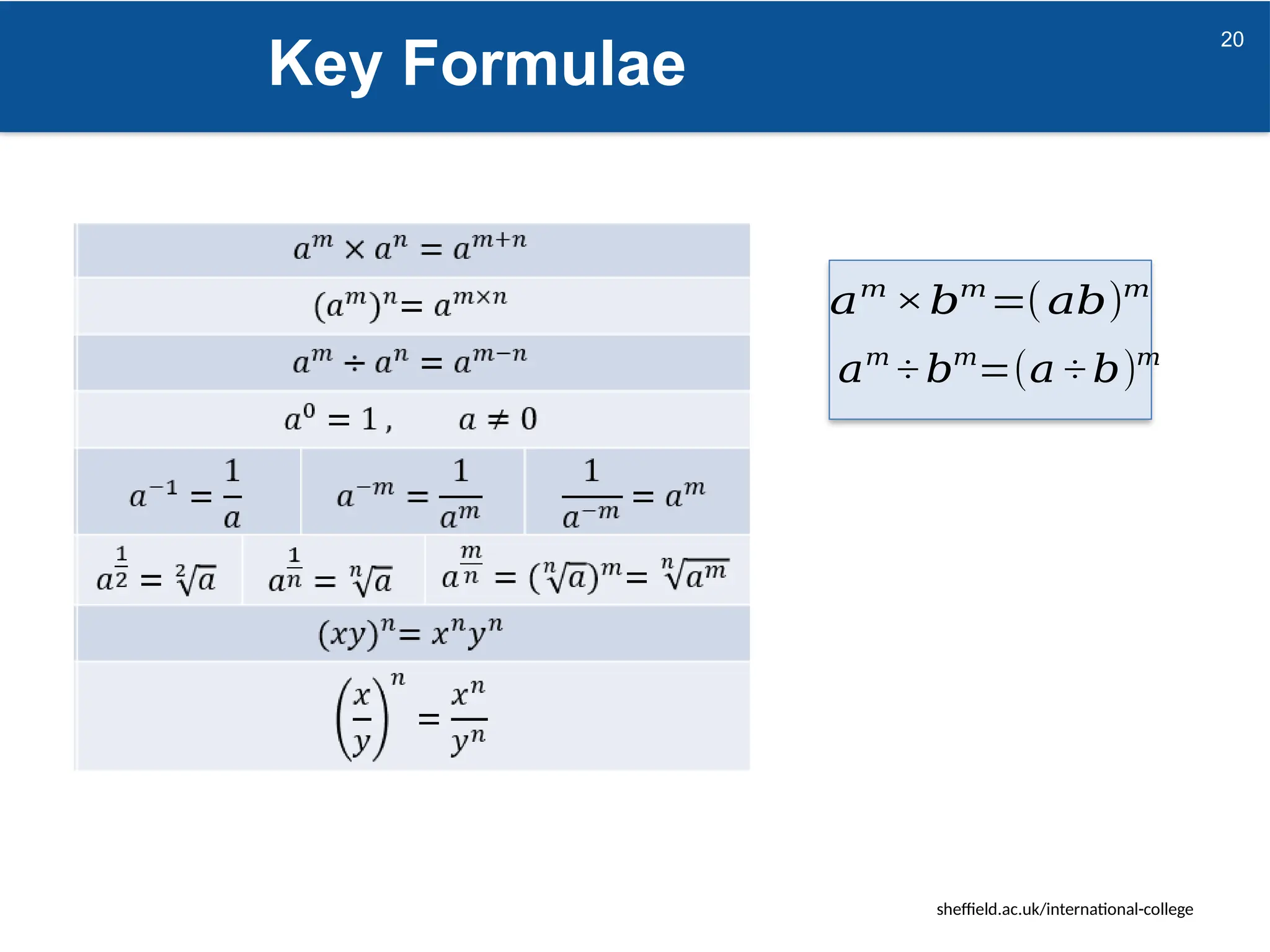 sheffield.ac.uk/international-college
Key Formulae
20
𝑎𝑚
×𝑏𝑚
=(𝑎𝑏)𝑚
𝑎𝑚
÷ 𝑏𝑚
=(𝑎 ÷ 𝑏)𝑚
 