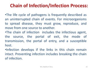Chain of Infection/Infection Process:
•The life cycle of pathogens is frequently described as
an uninterrupted chain of events. For microorganisms
to spread disease, they must grow, reproduce, and
move from one source to another.
•The chain of infection includes the infectious agent,
the source, the portal of exit, the mode of
transmission, the portal of entry, and a susceptible
host.
•Infection develops if the links in this chain remain
intact. Preventing infection includes breaking the chain
of infection.
Mrs. Babitha K Devu 23
 