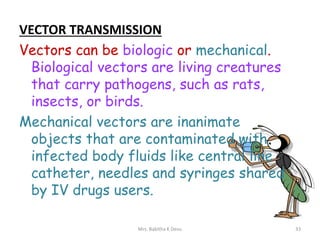 VECTOR TRANSMISSION
Vectors can be biologic or mechanical.
Biological vectors are living creatures
that carry pathogens, such as rats,
insects, or birds.
Mechanical vectors are inanimate
objects that are contaminated with
infected body fluids like central line
catheter, needles and syringes shared
by IV drugs users.
33Mrs. Babitha K Devu
 