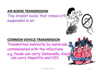 AIR BORNE TRANSMISSION
Tiny droplet nuclei that remain (<5)
suspended in air.
COMMON VEHICLE TRANSMISSION
Transmitted indirectly by materials
contaminated with the infections.
e.g. foods can carry Salmonella, blood
can carry Hepatitis and HIV.
34Mrs. Babitha K Devu
 