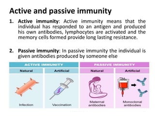 Active and passive immunity
1. Active immunity: Active immunity means that the
individual has responded to an antigen and produced
his own antibodies, lymphocytes are activated and the
memory cells formed provide long lasting resistance.
2. Passive immunity: In passive immunity the individual is
given antibodies produced by someone else
52Mrs. Babitha K Devu
 