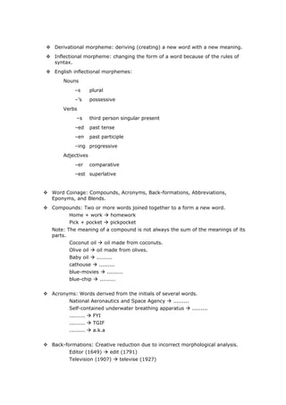  Derivational morpheme: deriving (creating) a new word with a new meaning.
  Inflectional morpheme: changing the form of a word because of the rules of
   syntax.
  English inflectional morphemes:
        Nouns
            –s       plural
            –’s      possessive
        Verbs
             –s      third person singular present
            –ed      past tense
            –en      past participle
            –ing progressive
        Adjectives
            –er      comparative
            –est superlative


 Word Coinage: Compounds, Acronyms, Back-formations, Abbreviations,
  Eponyms, and Blends.
 Compounds: Two or more words joined together to a form a new word.
          Home + work  homework
          Pick + pocket  pickpocket
   Note: The meaning of a compound is not always the sum of the meanings of its
   parts.
          Coconut oil  oil made from coconuts.
          Olive oil  oil made from olives.
          Baby oil  .........
          cathouse  .........
          blue-movies  .........
          blue-chip  .........


 Acronyms: Words derived from the initials of several words.
          National Aeronautics and Space Agency  .........
          Self-contained underwater breathing apparatus  .........
          .........  FYI
          .........  TGIF
          .........  a.k.a


 Back-formations: Creative reduction due to incorrect morphological analysis.
          Editor (1649)  edit (1791)
          Television (1907)  televise (1927)
 
