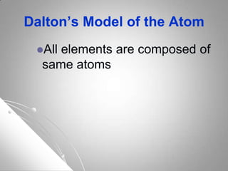 Dalton’s Model of the Atom
All elements are composed of
same atoms
 
