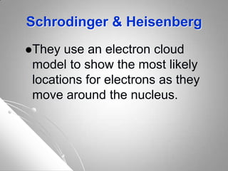Schrodinger & Heisenberg
They use an electron cloud
model to show the most likely
locations for electrons as they
move around the nucleus.
 