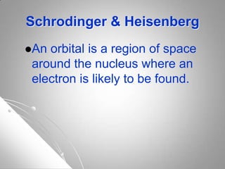 Schrodinger & Heisenberg
An orbital is a region of space
around the nucleus where an
electron is likely to be found.
 