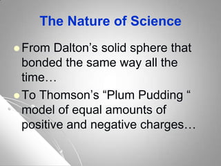 The Nature of Science
 From Dalton’s solid sphere that
bonded the same way all the
time…
 To Thomson’s “Plum Pudding “
model of equal amounts of
positive and negative charges…
 