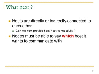 23
What next ?
 Hosts are directly or indirectly connected to
each other
 Can we now provide host-host connectivity ?
 Nodes must be able to say which host it
wants to communicate with
 