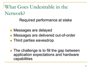 29
What Goes Undesirable in the
Network?
Required performance at stake
 Messages are delayed
 Messages are delivered out-of-order
 Third parties eavesdrop
 The challenge is to fill the gap between
application expectations and hardware
capabilities
 