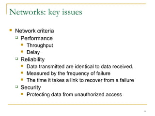 6
Networks: key issues
 Network criteria
 Performance
 Throughput
 Delay
 Reliability
 Data transmitted are identical to data received.
 Measured by the frequency of failure
 The time it takes a link to recover from a failure
 Security
 Protecting data from unauthorized access
 