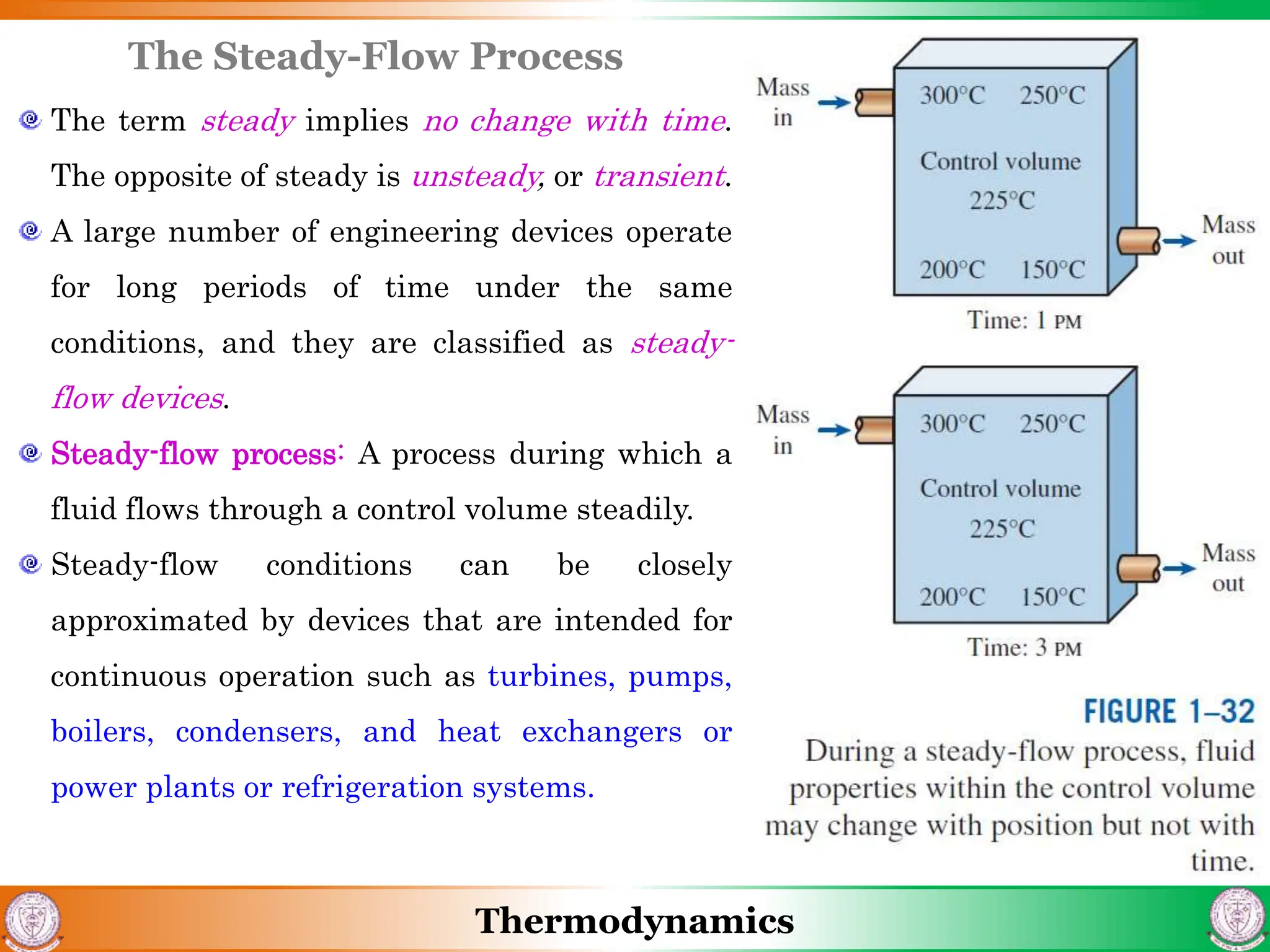 Thermodynamics
The Steady-Flow Process
The term steady implies no change with time.
The opposite of steady is unsteady, or transient.
A large number of engineering devices operate
for long periods of time under the same
conditions, and they are classified as steady-
flow devices.
Steady-flow process: A process during which a
fluid flows through a control volume steadily.
Steady-flow conditions can be closely
approximated by devices that are intended for
continuous operation such as turbines, pumps,
boilers, condensers, and heat exchangers or
power plants or refrigeration systems.
 
