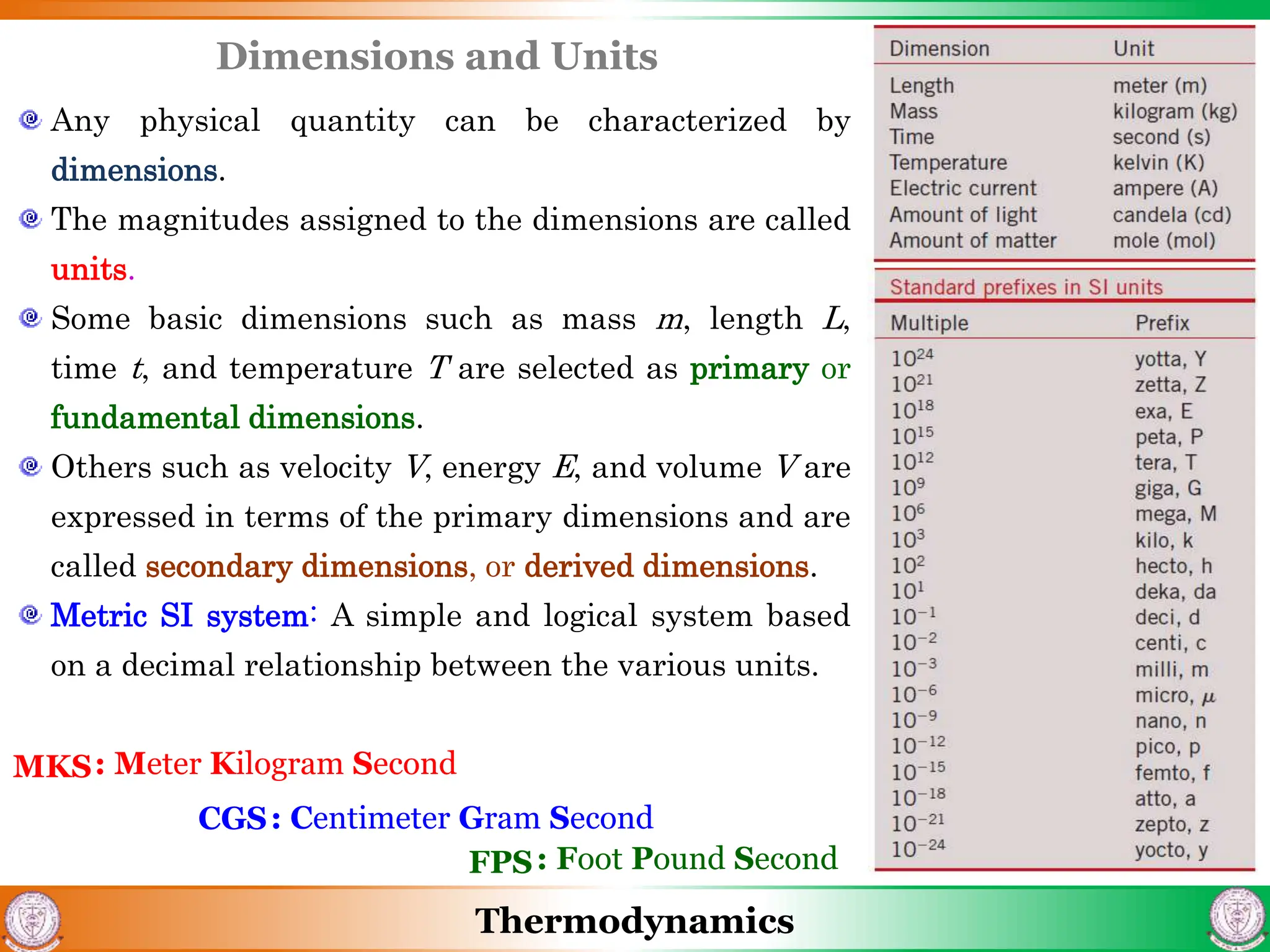 Thermodynamics
Dimensions and Units
Any physical quantity can be characterized by
dimensions.
The magnitudes assigned to the dimensions are called
units.
Some basic dimensions such as mass m, length L,
time t, and temperature T are selected as primary or
fundamental dimensions.
Others such as velocity V, energy E, and volume V are
expressed in terms of the primary dimensions and are
called secondary dimensions, or derived dimensions.
Metric SI system: A simple and logical system based
on a decimal relationship between the various units.
MKS
CGS
FPS
: Meter Kilogram Second
: Centimeter Gram Second
: Foot Pound Second
 