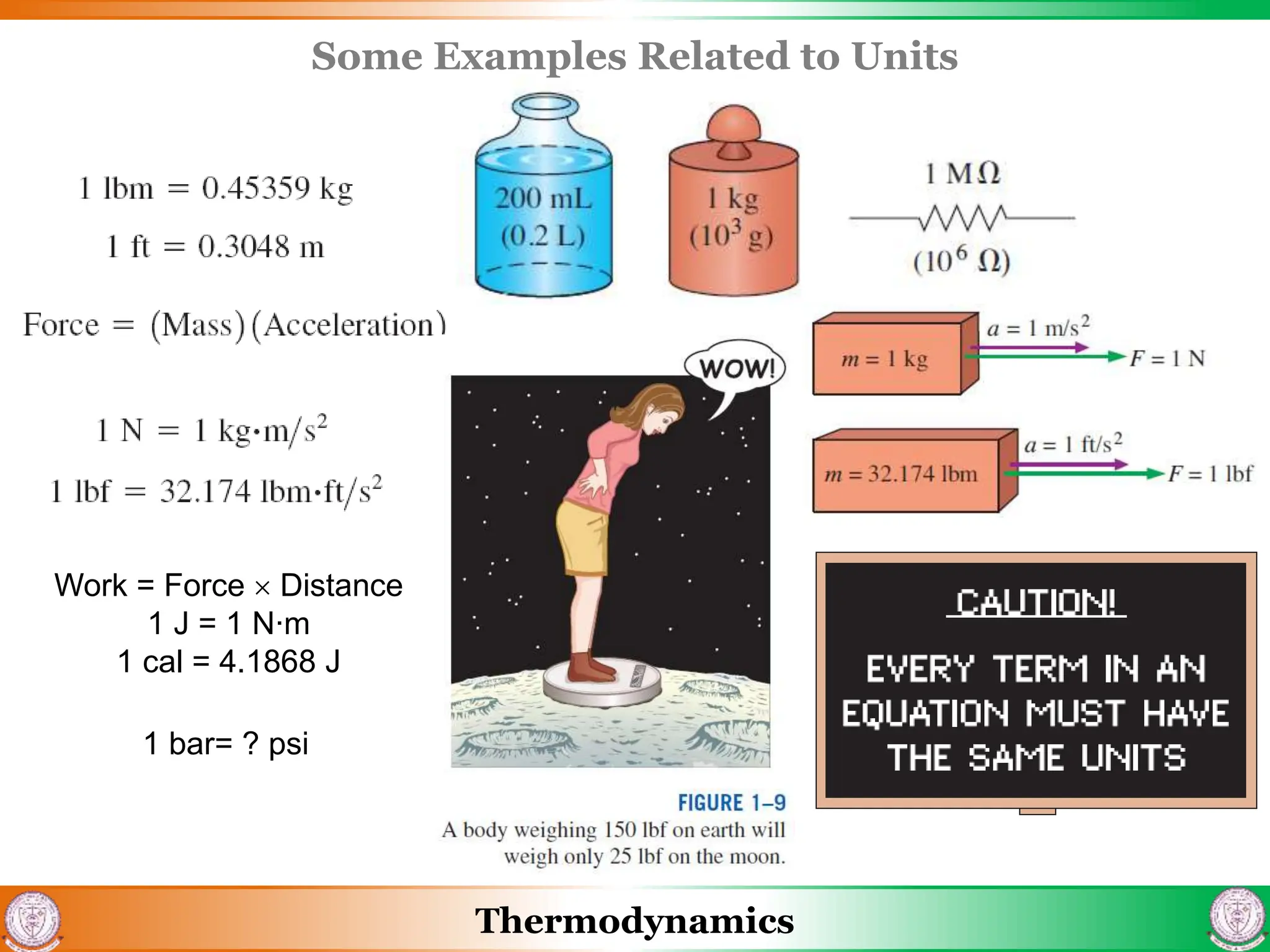 Thermodynamics
Some Examples Related to Units
Work = Force  Distance
1 J = 1 N∙m
1 cal = 4.1868 J
1 bar= ? psi
 