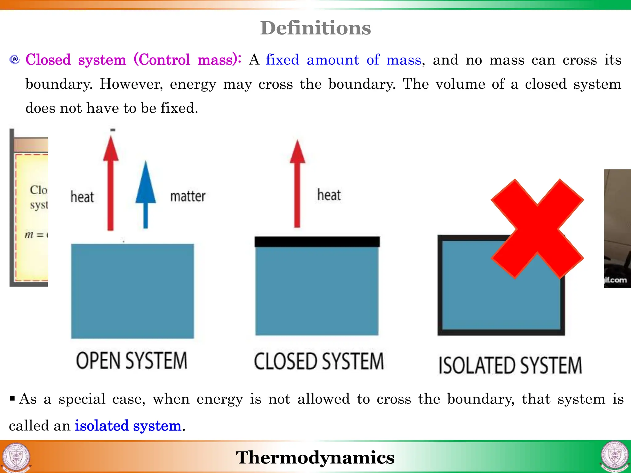 Thermodynamics
Definitions
Closed system (Control mass): A fixed amount of mass, and no mass can cross its
boundary. However, energy may cross the boundary. The volume of a closed system
does not have to be fixed.
 As a special case, when energy is not allowed to cross the boundary, that system is
called an isolated system.
 