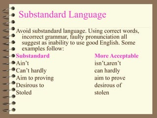 Substandard Language
Avoid substandard language. Using correct words,
incorrect grammar, faulty pronunciation all
suggest as inability to use good English. Some
examples follow:
Substandard More Acceptable
Ain’t isn’t,aren’t
Can’t hardly can hardly
Aim to proving aim to prove
Desirous to desirous of
Stoled stolen
 