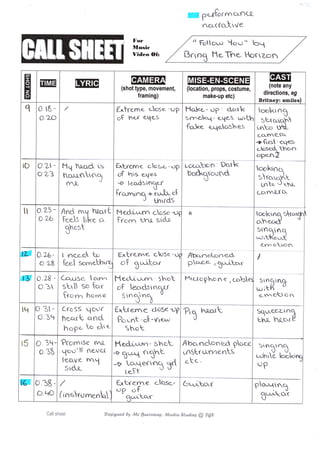 Call Sheet for Follow You 