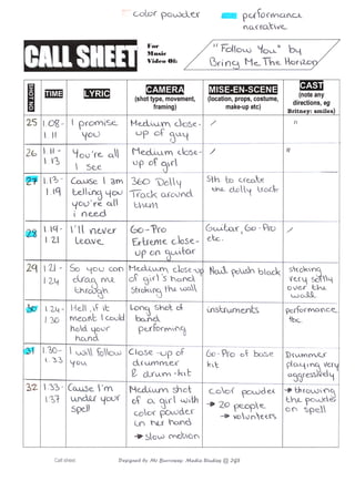 Call Sheet for Follow You 