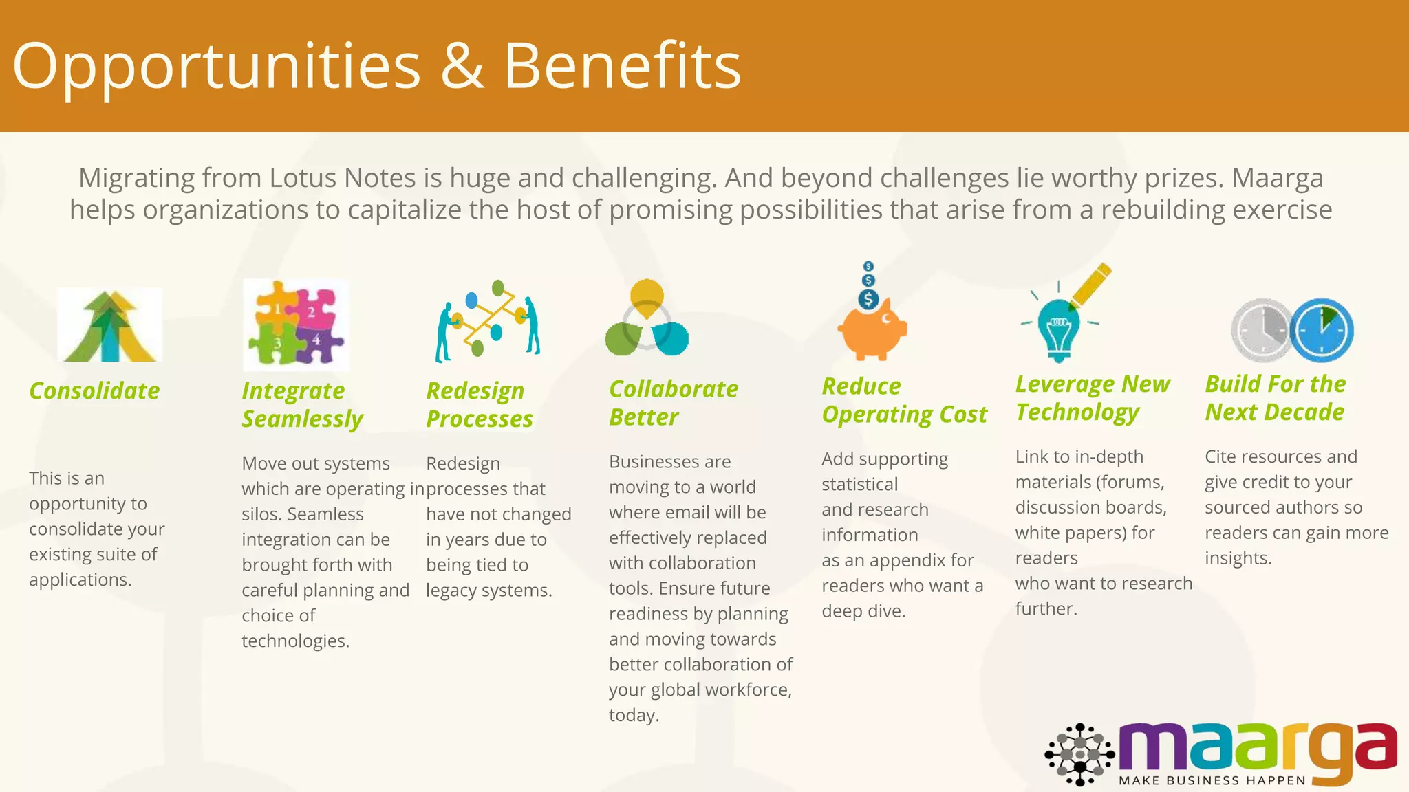 Opportunities & Benefits
Consolidate
This is an
opportunity to
consolidate your
existing suite of
applications.
Integrate
Seamlessly
Move out systems
which are operating in
silos. Seamless
integration can be
brought forth with
careful planning and
choice of
technologies.
Redesign
Processes
Redesign
processes that
have not changed
in years due to
being tied to
legacy systems.
Reduce
Operating Cost
Add supporting
statistical
and research
information
as an appendix for
readers who want a
deep dive.
Collaborate
Better
Businesses are
moving to a world
where email will be
effectively replaced
with collaboration
tools. Ensure future
readiness by planning
and moving towards
better collaboration of
your global workforce,
today.
Leverage New
Technology
Link to in-depth
materials (forums,
discussion boards,
white papers) for
readers
who want to research
further.
Build For the
Next Decade
Cite resources and
give credit to your
sourced authors so
readers can gain more
insights.
Migrating from Lotus Notes is huge and challenging. And beyond challenges lie worthy prizes. Maarga
helps organizations to capitalize the host of promising possibilities that arise from a rebuilding exercise
 