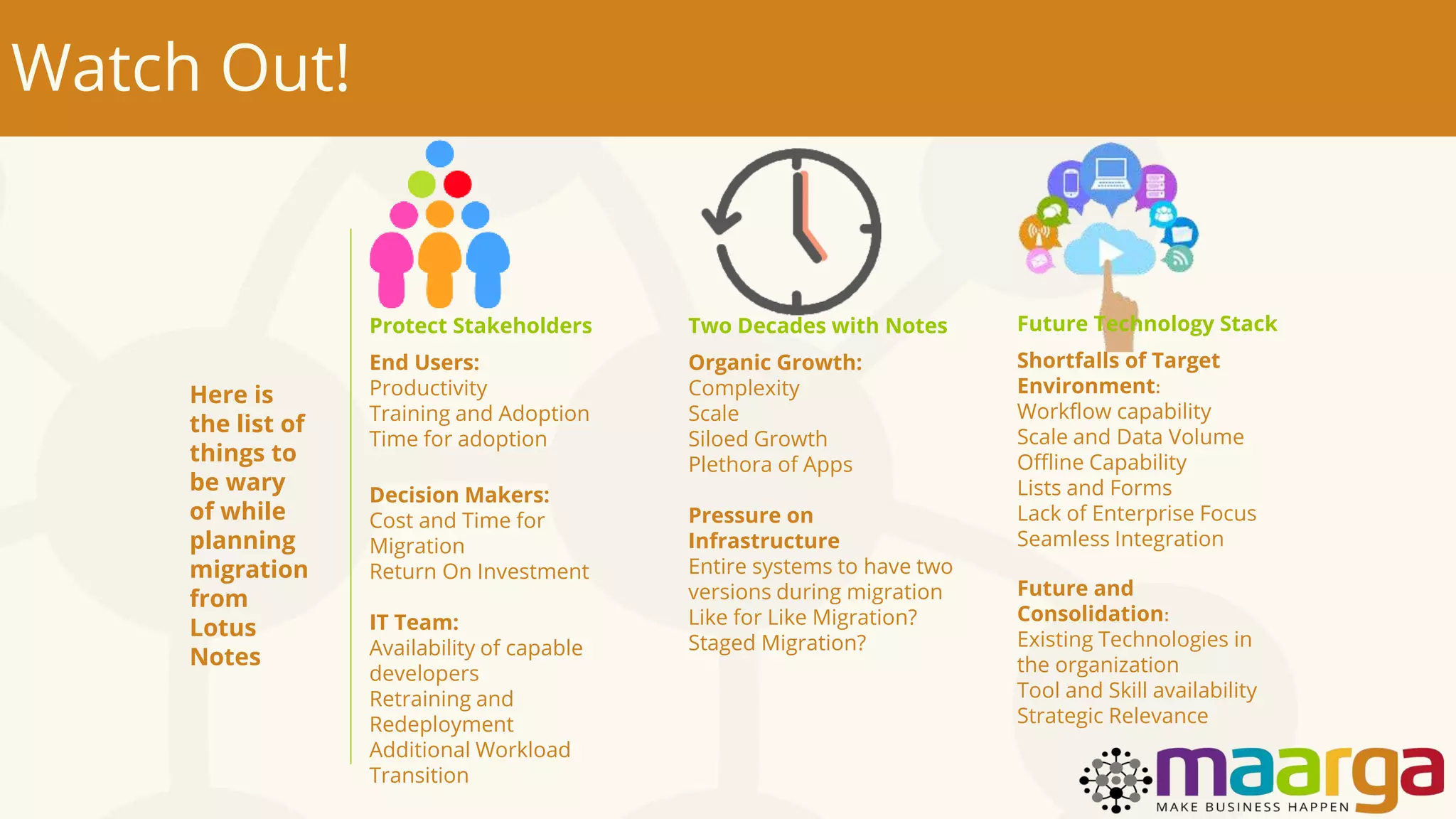 Watch Out!
Protect Stakeholders
End Users:
Productivity
Training and Adoption
Time for adoption
Decision Makers:
Cost and Time for
Migration
Return On Investment
IT Team:
Availability of capable
developers
Retraining and
Redeployment
Additional Workload
Transition
Two Decades with Notes
Organic Growth:
Complexity
Scale
Siloed Growth
Plethora of Apps
Pressure on
Infrastructure
Entire systems to have two
versions during migration
Like for Like Migration?
Staged Migration?
Future Technology Stack
Shortfalls of Target
Environment:
Workflow capability
Scale and Data Volume
Offline Capability
Lists and Forms
Lack of Enterprise Focus
Seamless Integration
Future and
Consolidation:
Existing Technologies in
the organization
Tool and Skill availability
Strategic Relevance
Here is
the list of
things to
be wary
of while
planning
migration
from
Lotus
Notes
 