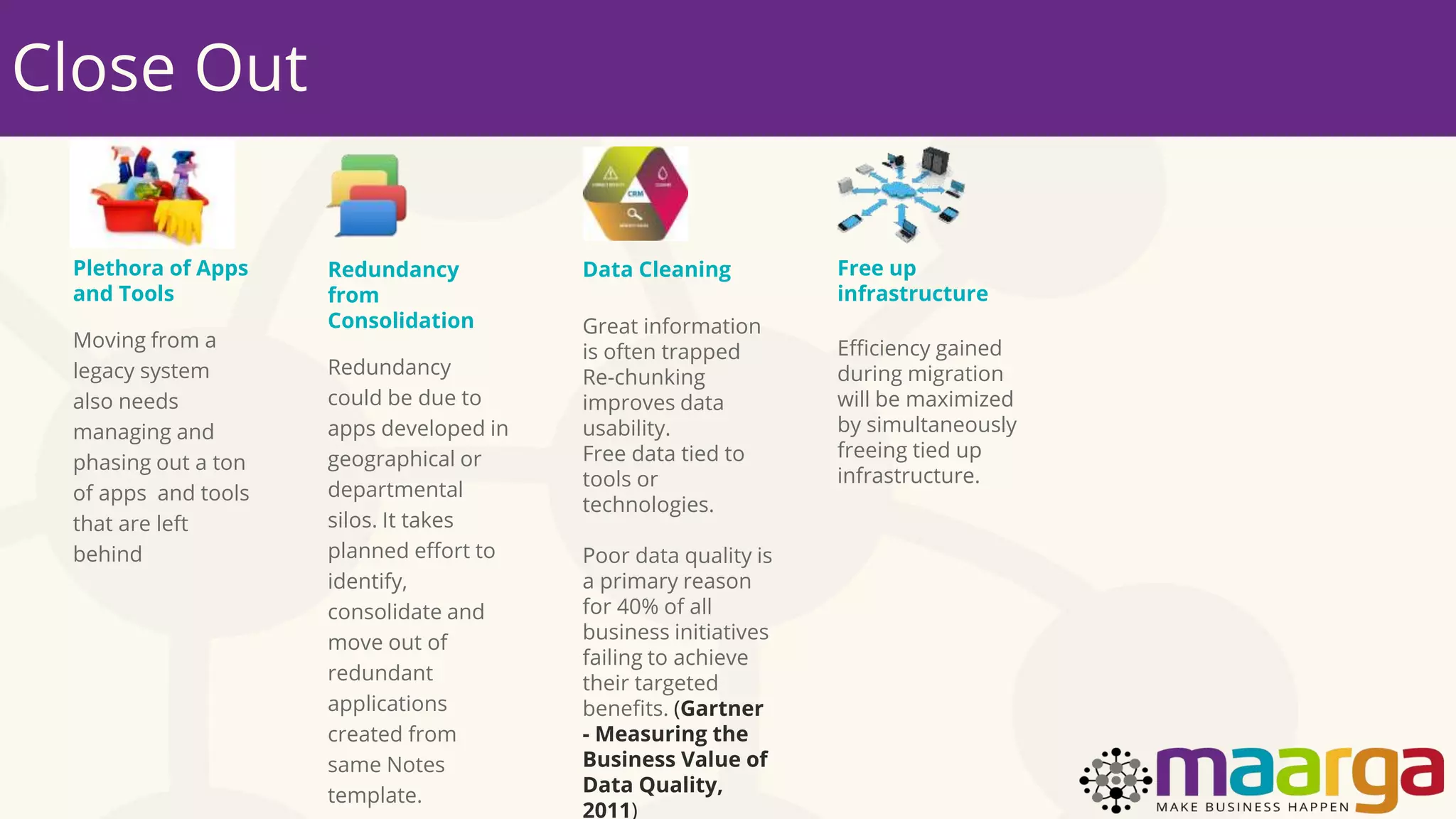 Close Out
Plethora of Apps
and Tools
Moving from a
legacy system
also needs
managing and
phasing out a ton
of apps and tools
that are left
behind
Redundancy
from
Consolidation
Redundancy
could be due to
apps developed in
geographical or
departmental
silos. It takes
planned effort to
identify,
consolidate and
move out of
redundant
applications
created from
same Notes
template.
Data Cleaning
Great information
is often trapped
Re-chunking
improves data
usability.
Free data tied to
tools or
technologies.
Poor data quality is
a primary reason
for 40% of all
business initiatives
failing to achieve
their targeted
benefits. (Gartner
- Measuring the
Business Value of
Data Quality,
2011)
Free up
infrastructure
Efficiency gained
during migration
will be maximized
by simultaneously
freeing tied up
infrastructure.
 