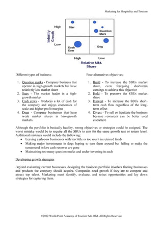 Marketing for Hospitality and Tourism




Different types of business:                            Four alternatives objectives:

 1. Question marks - Company business that               1. Build - To increase the SBUs market
    operate in high-growth markets but have                 share, even foregoing short-term
    relatively low market share                             earnings to achieve this objective
 2. Stars - The market leader in a high-                 2. Hold - To preserve the SBUs market
    growth market                                           share
 3. Cash cows - Produces a lot of cash for               3. Harvest - To increase the SBUs short-
    the company and enjoys economies of                     term cash flow regardless of the long-
    scale and higher profit margins                         term effect
 4. Dogs - Company businesses that have                  4. Divest - To sell or liquidate the business
    weak market shares in low-growth                        because resources can be better used
    markets.                                                elsewhere

Although the portfolio is basically healthy, wrong objectives or strategies could be assigned. The
worst mistake would be to require all the SBUs to aim for the same growth rate or return level.
Additional mistakes would include the following:
   • Leaving cash-cow businesses with too little or too much in retained funds
   • Making major investments in dogs hoping to turn them around but failing to make the
       turnaround before cash reserves are gone
   • Maintaining too many question marks and under-investing in each

Developing growth strategies

Beyond evaluating current businesses, designing the business portfolio involves finding businesses
and products the company should acquire. Companies need growth if they are to compete and
attract top talent. Marketing must identify, evaluate, and select opportunities and lay down
strategies for capturing them.




                   ©2012 World-Point Academy of Tourism Sdn. Bhd. All Rights Reserved.
 