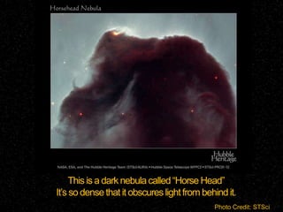 This is a dark nebula called “Horse Head”
It’s so dense that it obscures light from behind it.
Photo Credit: STSci

 