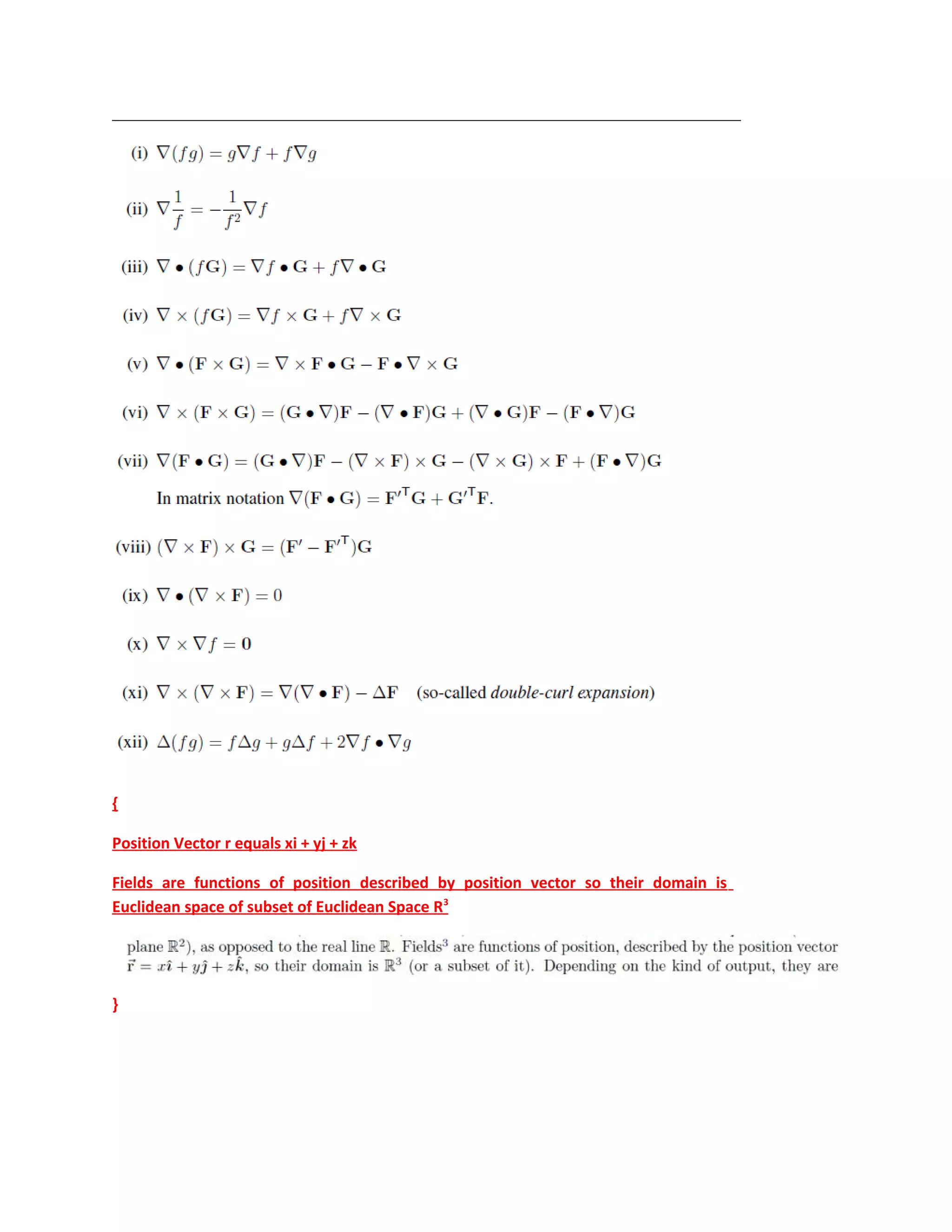 {
Position Vector r equals xi + yj + zk
Fields are functions of position described by position vector so their domain is
Euclidean space of subset of Euclidean Space R3
}
 