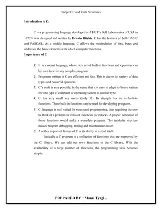 Notes of c programming 1st unit BCA I SEM | PDF
